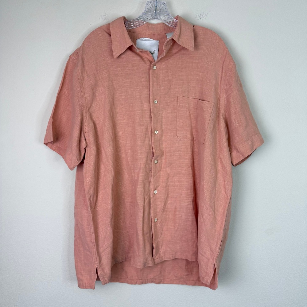 Good Life Button Down Mens XL Silk Linen Blend Short Sleeve Salmon Camp Shirt